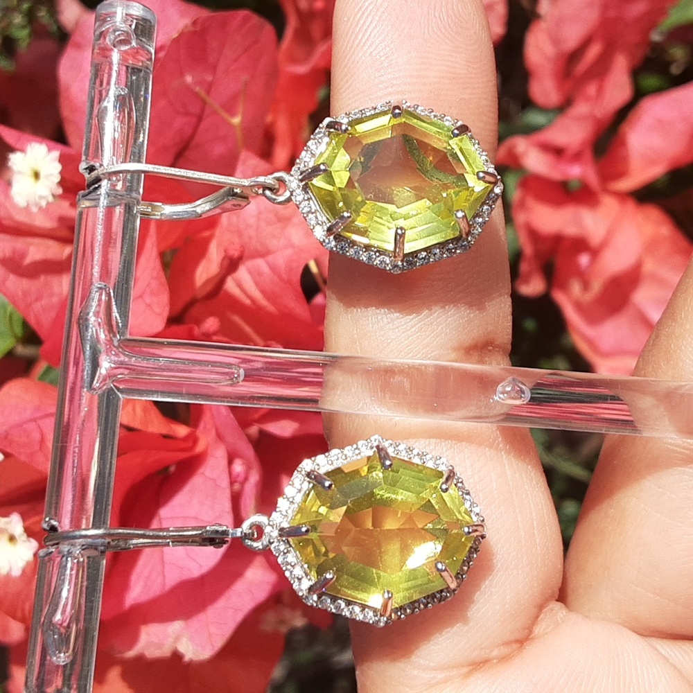 925 Golden Green Quartz And White Zircon Drop Earrings. FIRM. - Picture 3 of 3